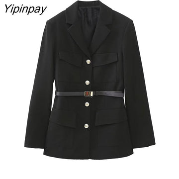 Yipinpay 2023 Women Solid Blazer Jacket With Belt Spring Notched Office Outfits Coats Single Breasted Chic Outwear